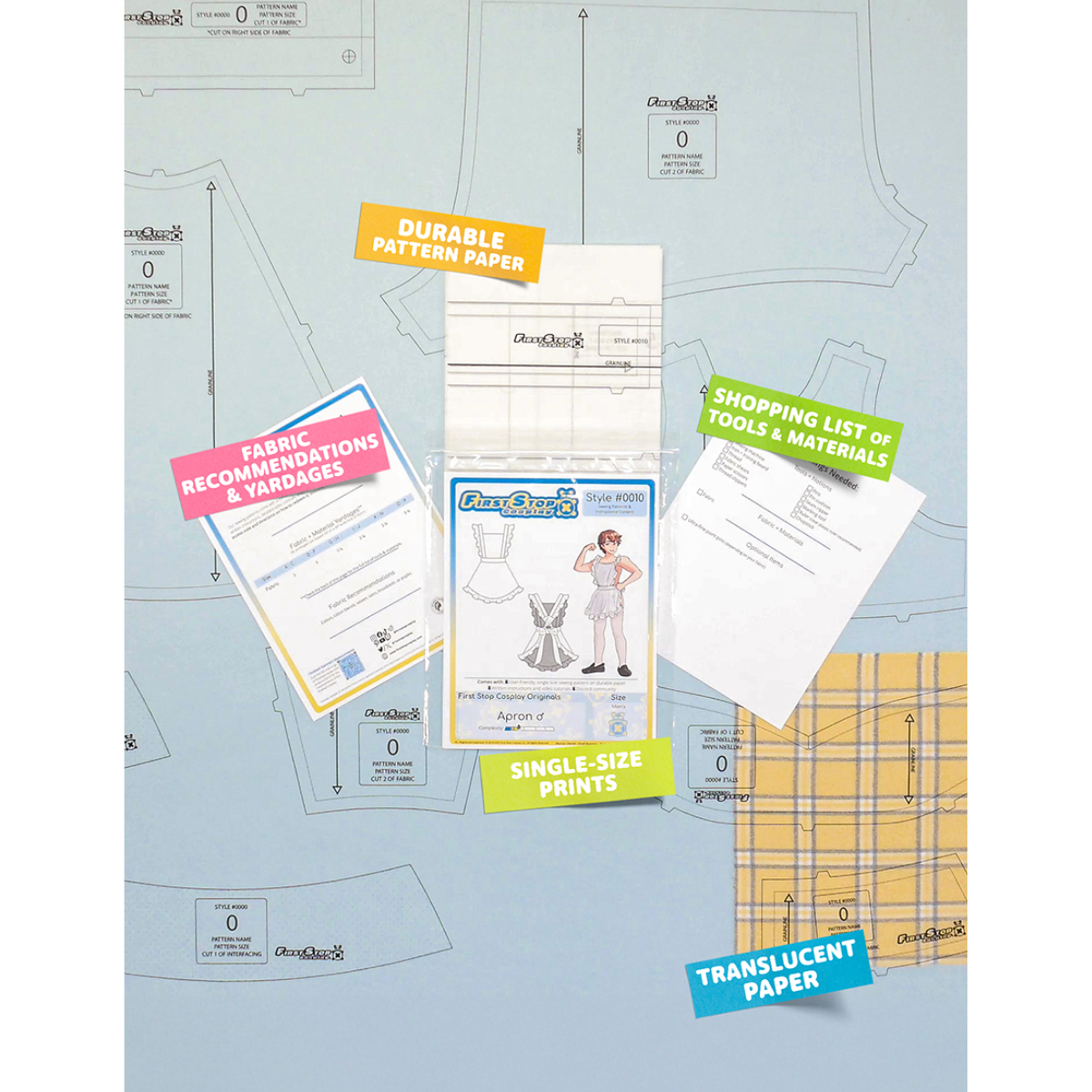 Contents of the Apron (men's) sewing pattern and packaging. Text boxes highlight features corresponding to those included in the product, such as durable translucent paper, single-size prints, a shopping list of tools and materials, and fabric recommendations.
