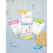 Contents of the Apron (men's) sewing pattern and packaging. Text boxes highlight features corresponding to those included in the product, such as durable translucent paper, single-size prints, a shopping list of tools and materials, and fabric recommendations.