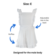Size E apron with text and arrows pointing out the adjustable ties in the back and ruffles. Text at the bottom states the pattern is designed for the male body.