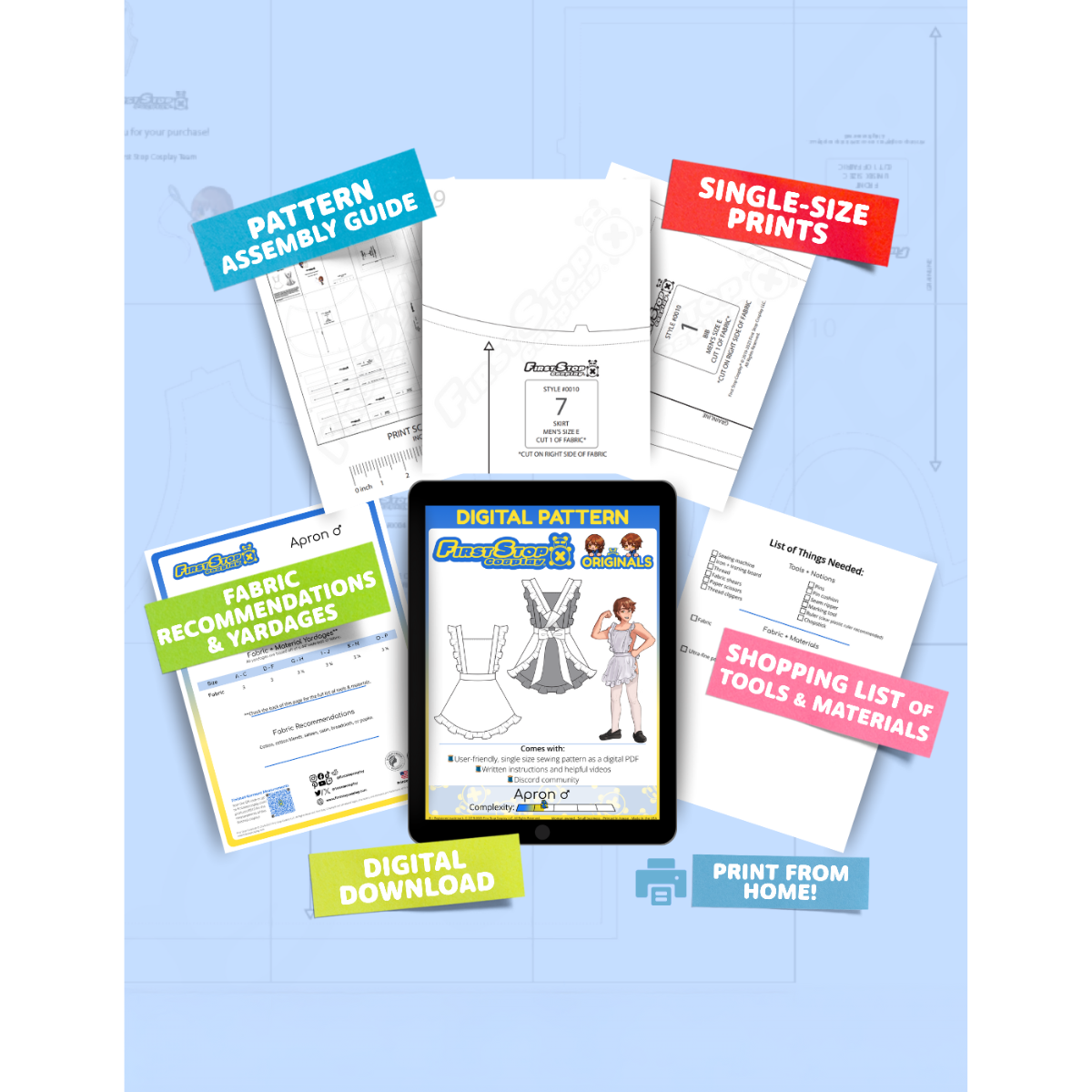 Contents of  the digital Apron (men's) sewing pattern with the product art on a tablet screen, referencing the downloadable format of the pattern. Text boxes highlight features corresponding to those included in the product, such as pattern assembly guide, single-size prints, ability to print from home, shopping lists of tools and materials, and fabric recommendations.