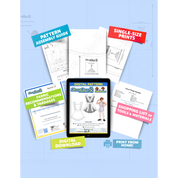 Contents of  the digital Apron (men's) sewing pattern with the product art on a tablet screen, referencing the downloadable format of the pattern. Text boxes highlight features corresponding to those included in the product, such as pattern assembly guide, single-size prints, ability to print from home, shopping lists of tools and materials, and fabric recommendations.