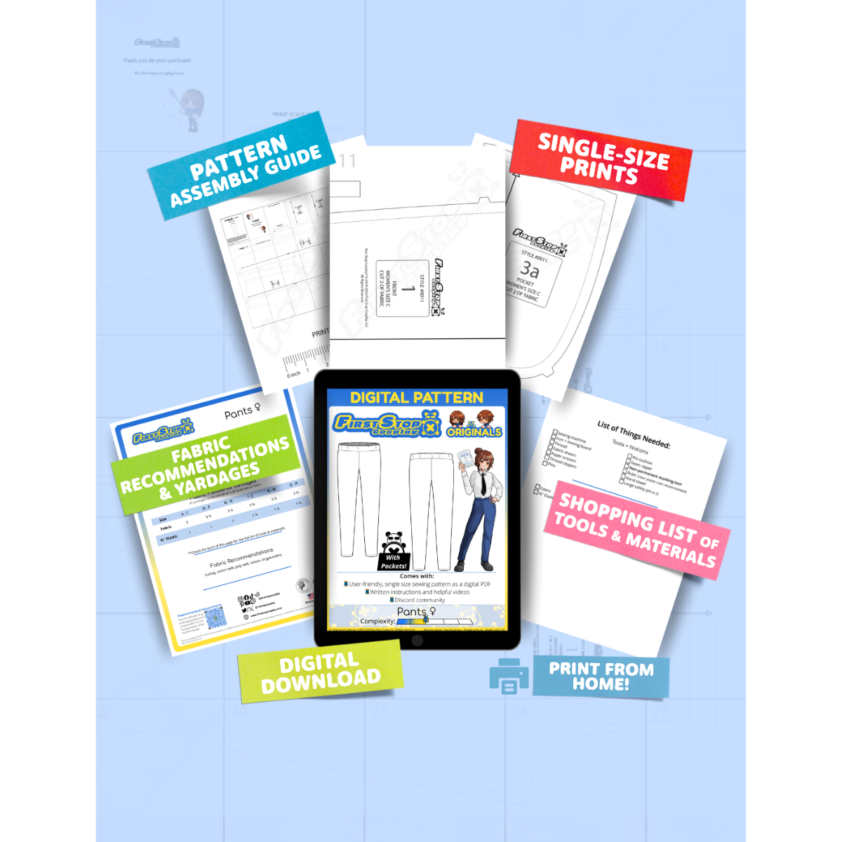 Contents of the digital Pants (women's) sewing pattern with the product art on a tablet screen, referencing the downloadable format of the pattern. Text boxes highlight features corresponding to those included in the product, such as pattern assembly guide, single-size prints, ability to print from home, shopping lists of tools and materials, and fabric recommendations.