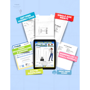 Contents of the digital Pants (women's) sewing pattern with the product art on a tablet screen, referencing the downloadable format of the pattern. Text boxes highlight features corresponding to those included in the product, such as pattern assembly guide, single-size prints, ability to print from home, shopping lists of tools and materials, and fabric recommendations.
