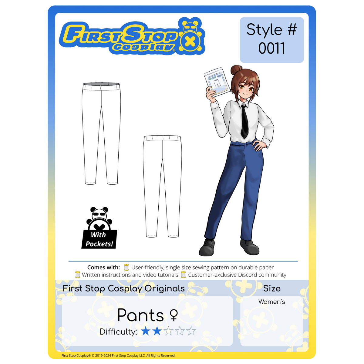 A graphic of the front packaging for Style #0011- Pants (Female). The First Stop Cosplay logo is in the top left corner. Below the logo is line art of the completed pattern. To the right is an image of our female character, Pan, wearing the completed Pants (Female) with a button up while shirt and black tie. This pattern is 2 star in difficulty rating and follows our women's size chart.