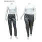Completed FSCO Pants (f) on two female mannequins in size C and J. Both pairs of pants are the same color gray, hit at the waist, and end just above the ankle. The waistbands on both are elastic.