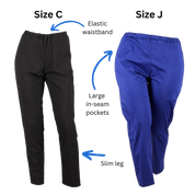 Size C and Size J Pants (women's) with text and arrows pointing out the elastic waistband, large in-seam pockets, and slim leg.