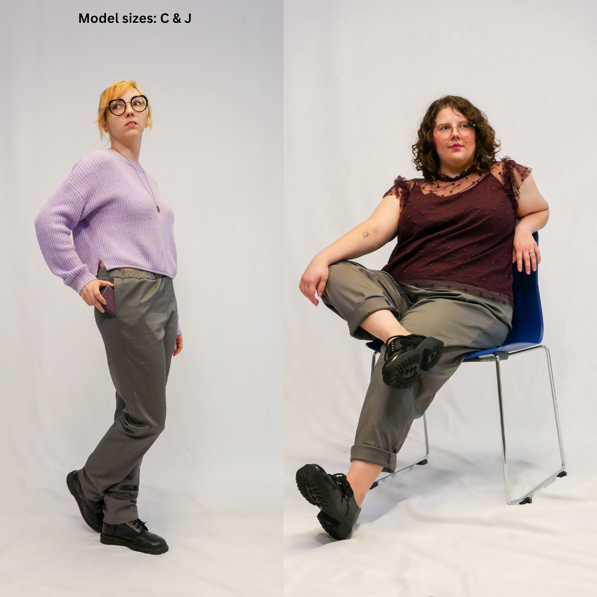 A split-screen image of a nonbinary model wearing completed FSCO Pants (f) in size C and a female model wearing completed FSCO Pants (f) in size J. The size C model's pants are paired with a lilac sweater.  They are holding a cell phone in the pocket of their pants to demonstrate the depth of the pocket. The size J model's pants are paired with a deep purple business casual blouse. She is sitting on a chair with her leg crossed over the other.
