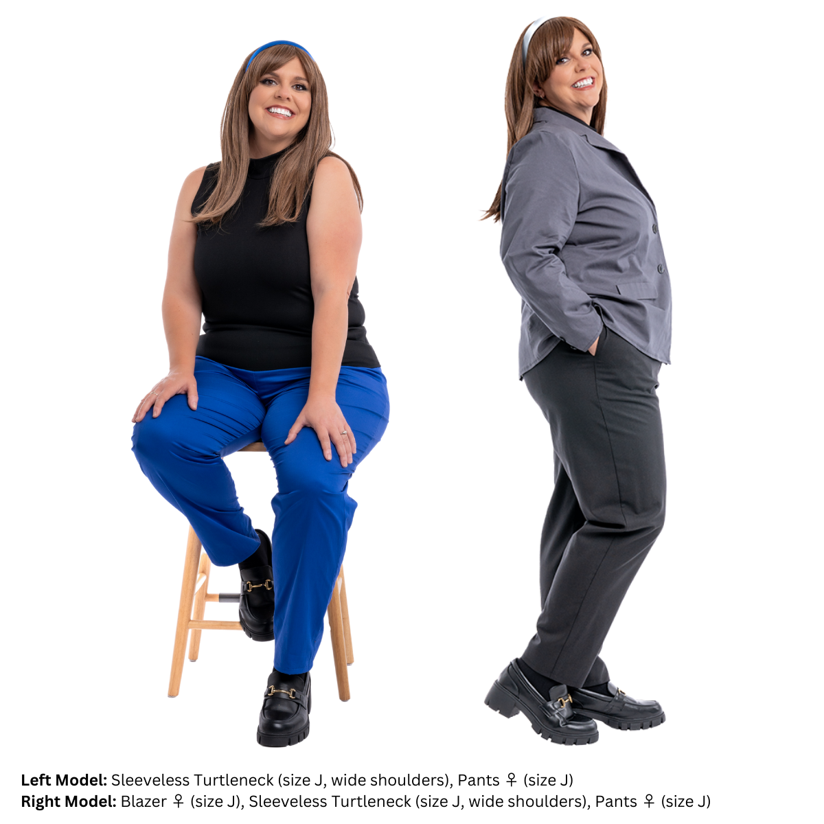 A plus size model (size J) in various poses while wearing the Pants (women's).