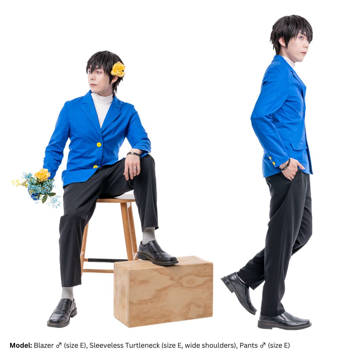 Male model, matthew_aizel, in different poses while wearing the Pants (men's) and blazer. In one variant, he's sitting on a stool and propping one leg on a box, demonstrating the pattern's relaxed fit. In the other, he is profiled to the camera with one hand in his pocket.