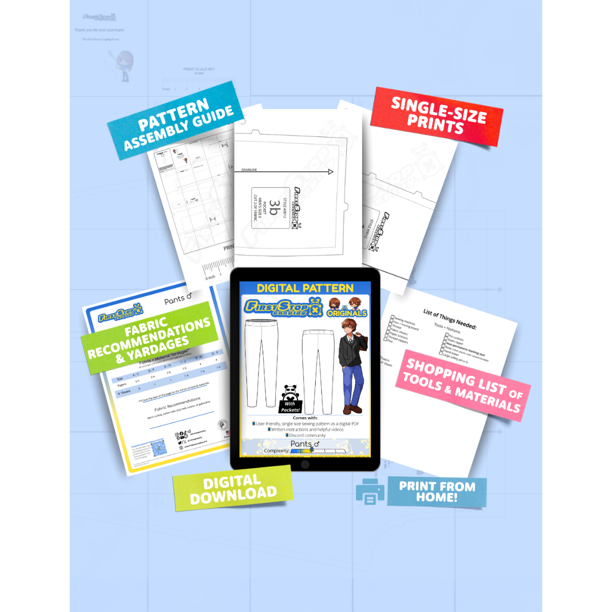 Contents of the digital Pants (men's) sewing pattern with the product art on a tablet screen, referencing the downloadable format of the pattern. Text boxes highlight features corresponding to those included in the product, such as pattern assembly guide, single-size prints, ability to print from home, shopping lists of tools and materials, and fabric recommendations.