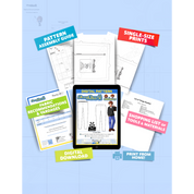 Contents of the digital Pants (men's) sewing pattern with the product art on a tablet screen, referencing the downloadable format of the pattern. Text boxes highlight features corresponding to those included in the product, such as pattern assembly guide, single-size prints, ability to print from home, shopping lists of tools and materials, and fabric recommendations.