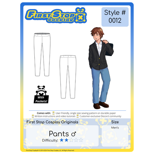 A graphic of the front packaging for Style #0012- Pants (Male). The First Stop Cosplay logo is in the top left corner. Below the logo is line art of the completed pattern. To the right is an image of our male character, Dah, wearing the completed Pants (Male) with a white button up shirt and black blazer. This pattern is 2 star in difficulty rating and follows our men's size chart.