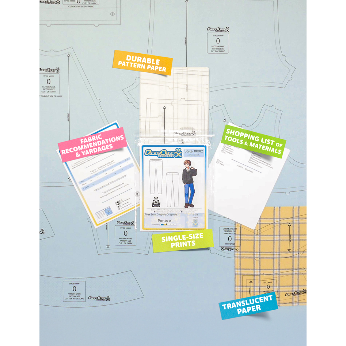 Contents of the Pants (men's) sewing pattern and packaging. Text boxes highlight features corresponding to those included in the product, such as durable translucent paper, single-size prints, a shopping list of tools and materials, and fabric recommendations.