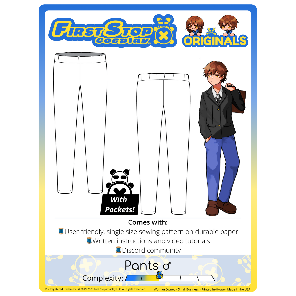 Graphic of the Pants (men's) sewing pattern packaging, featuring the First Stop Cosplay logo and art of the pattern and original character, with a text bubble saying, "With Pockets!" A graphic icon indicating compelxity shows a rating of 2 out of 5, suggesting the pattern is between beginner and intermediate.