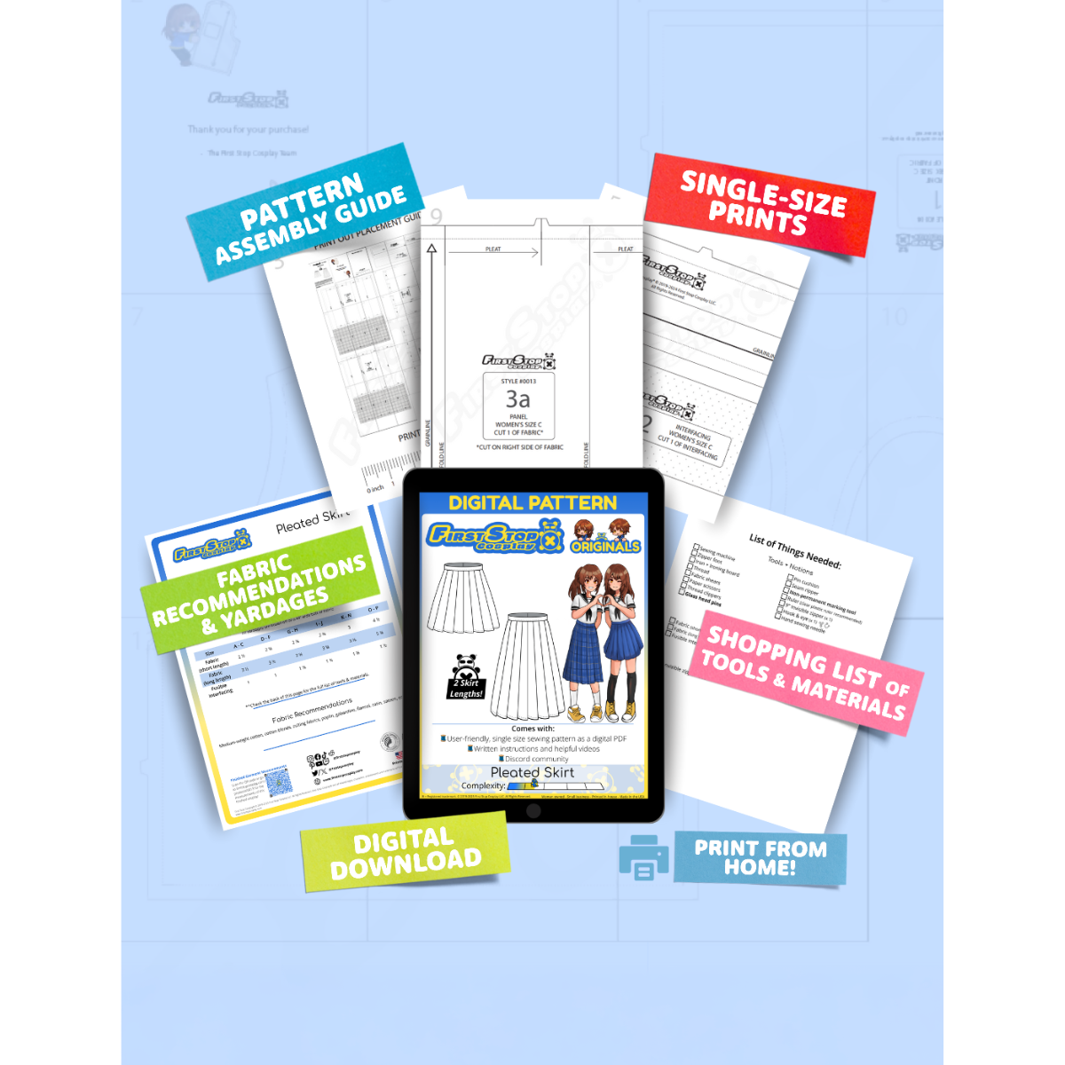 Contents of the digital Pleated Skirt sewing pattern with the product art on a tablet screen, referencing the downloadable format of the pattern. Text boxes highlight features corresponding to those included in the product, such as pattern assembly guide, single-size prints, ability to print from home, shopping lists of tools and materials, and fabric recommendations.