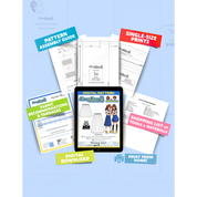 Contents of the digital Pleated Skirt sewing pattern with the product art on a tablet screen, referencing the downloadable format of the pattern. Text boxes highlight features corresponding to those included in the product, such as pattern assembly guide, single-size prints, ability to print from home, shopping lists of tools and materials, and fabric recommendations.