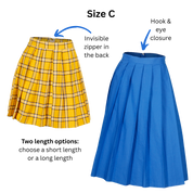 Size C Pleated Skirts in both short and long designs with text and arrows pointing out the invisible zipper in the back, hook and eye closure, and two length options.