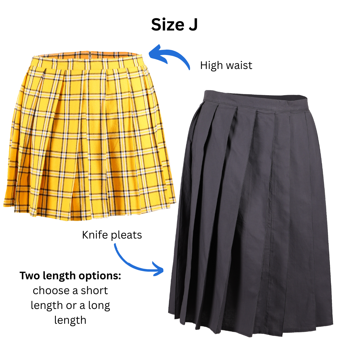 Size J Pleated Skirt in both short and long variations with text and arrows pointing out the high waist and knife pleats.