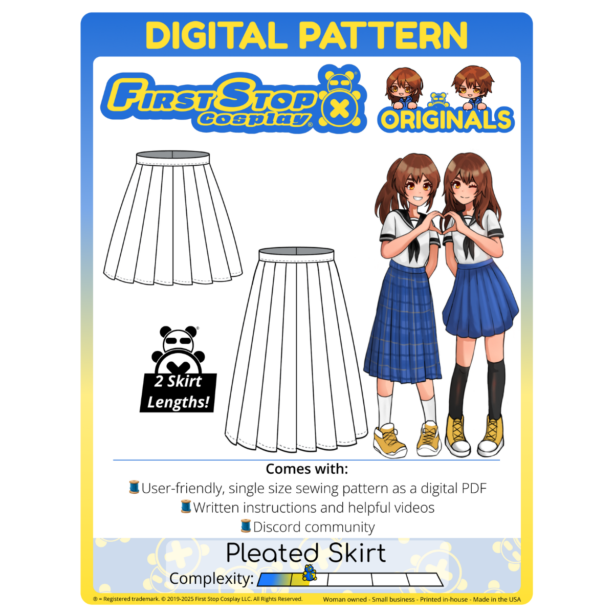 Graphic of the digital format Pleated Skirt sewing pattern product art, featuring the First Stop Cosplay logo and art of the pattern and original character, with a text box that says, "2 Skirt Lengths!" A graphic icon indicating complexity shows a rating of 1.5 out of 5, suggesting the pattern is beginner-friendly.