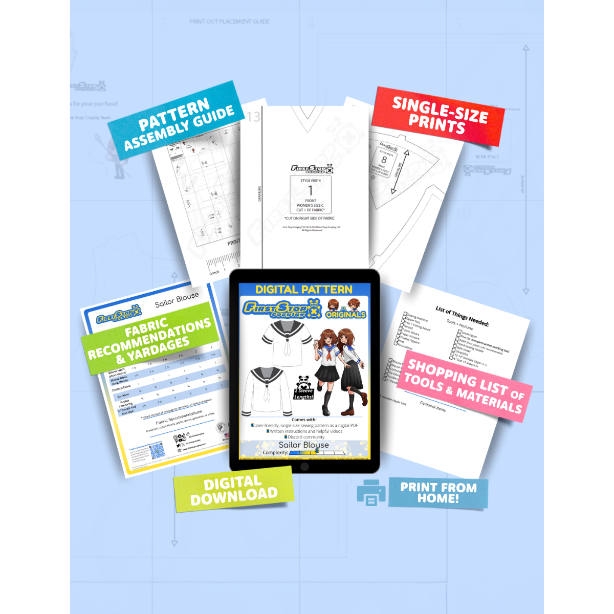 Contents of the digital Sailor Blouse sewing pattern with the product art on a tablet screen, referencing the downloadable format of the pattern. Text boxes highlight features corresponding to those included in the product, such as pattern assembly guide, single-size prints, ability to print from home, shopping lists of tools and materials, and fabric recommendations.