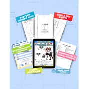 Contents of the digital Sailor Blouse sewing pattern with the product art on a tablet screen, referencing the downloadable format of the pattern. Text boxes highlight features corresponding to those included in the product, such as pattern assembly guide, single-size prints, ability to print from home, shopping lists of tools and materials, and fabric recommendations.