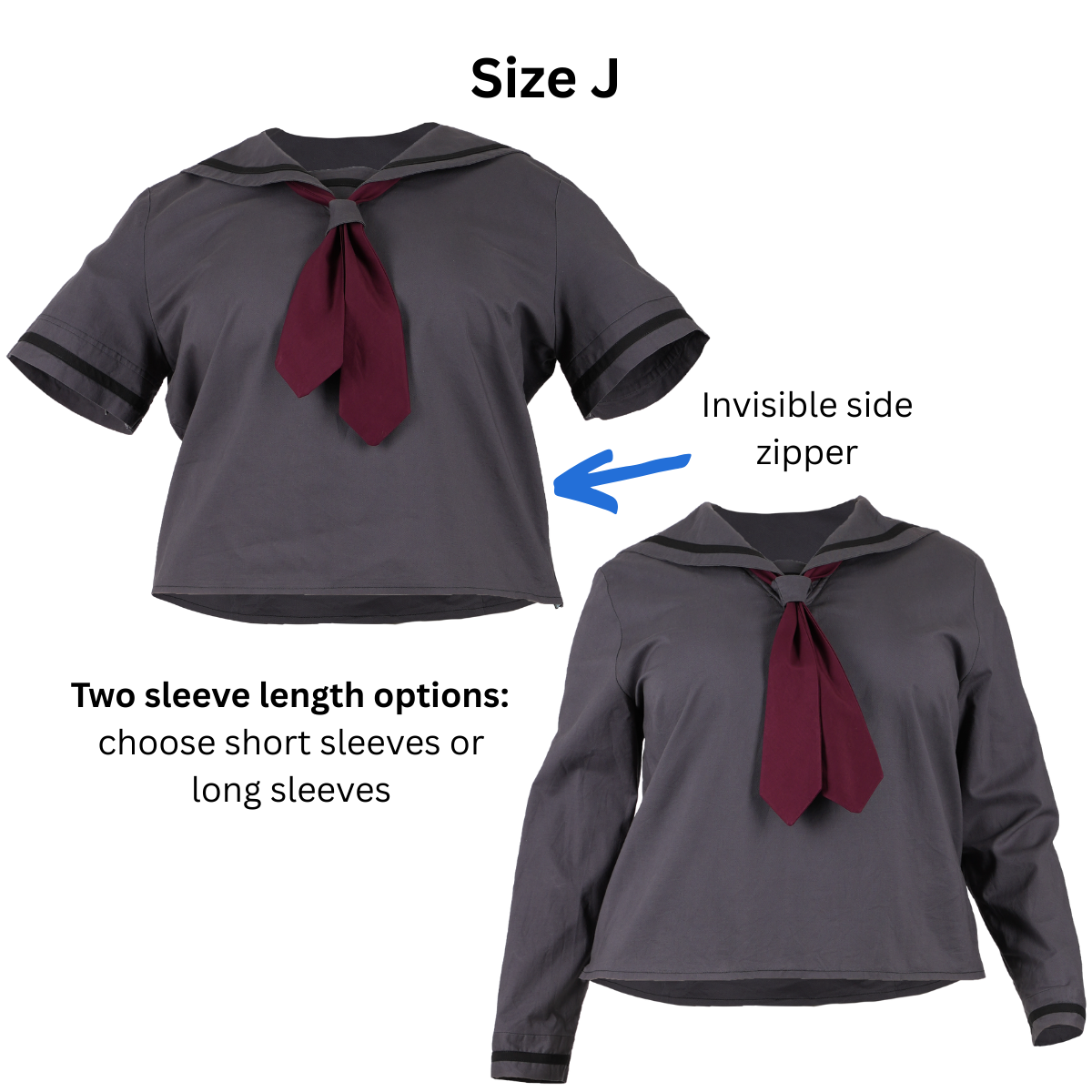 Size J Sailor Blouses in both short and long sleeve variations with text and an arrow pointing out the invisible side zipper.