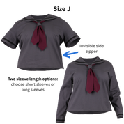 Size J Sailor Blouses in both short and long sleeve variations with text and an arrow pointing out the invisible side zipper.