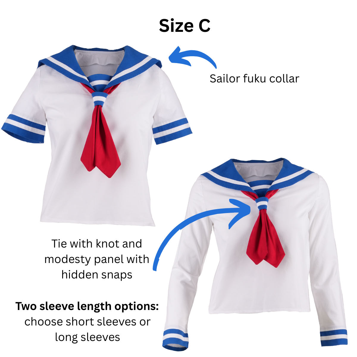 Size C Sailor Blouses in both short and long sleeve variations with text and arrows pointing out the sailor fuku collar, tie with knot, and modesty panel with hidden snaps. Text at the bottom states the pattern contains two sleeve options: short and long.