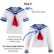 Size C Sailor Blouses in both short and long sleeve variations with text and arrows pointing out the sailor fuku collar, tie with knot, and modesty panel with hidden snaps. Text at the bottom states the pattern contains two sleeve options: short and long.