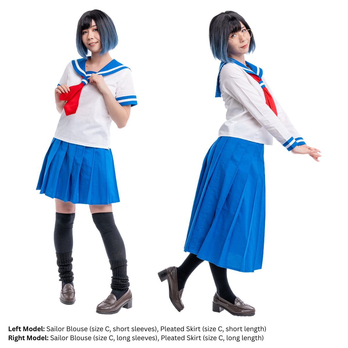 Female model, captain.leftovers (size C) posed in both the short sleeve and long sleever version of the blue and white Sailor Blouse.
