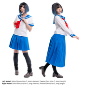 Female model, captain.leftovers (size C) posed in both the short sleeve and long sleever version of the blue and white Sailor Blouse.
