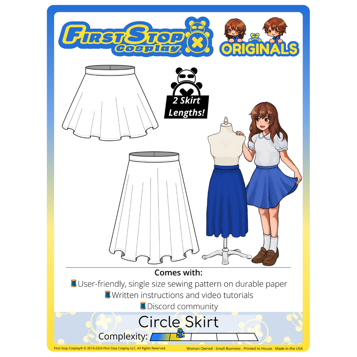 Graphic of the Circle Skirt sewing pattern and packaging, featuring the First Stop Cosplay logo and art of the pattern and original character, with a text bubble saying, "2 Skirt Lengths!" A graphic icon indicating complexity shows a rating of 1.5 out of 5, suggesting the pattern is beginner-friendly.