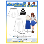 Graphic of the Circle Skirt sewing pattern and packaging, featuring the First Stop Cosplay logo and art of the pattern and original character, with a text bubble saying, "2 Skirt Lengths!" A graphic icon indicating complexity shows a rating of 1.5 out of 5, suggesting the pattern is beginner-friendly.