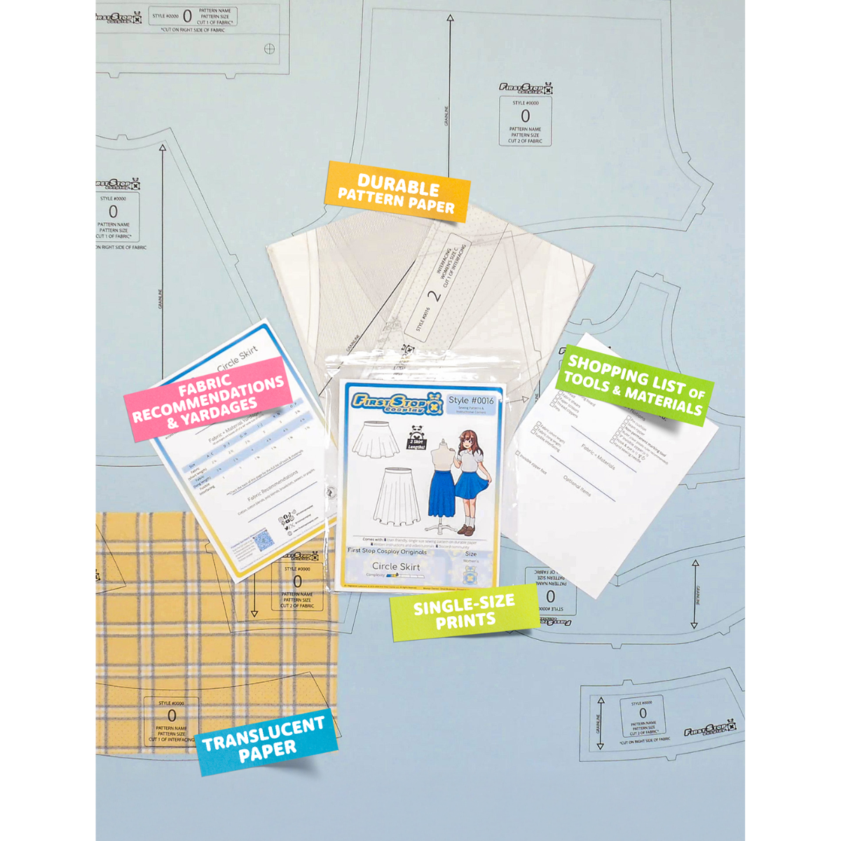 Contents of the Circle Skirt sewing pattern and packaging. Text boxes highlight features corresponding to those included in the product, such as durable translucent paper, single-size prints, a shopping list of tools and materials, and fabric recommendations.