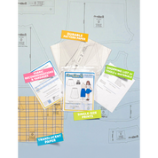 Contents of the Circle Skirt sewing pattern and packaging. Text boxes highlight features corresponding to those included in the product, such as durable translucent paper, single-size prints, a shopping list of tools and materials, and fabric recommendations.
