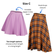 Size C Circle Skirts in both short and long variations with text and arrows pointing out the invisible zipper in the back and hook and eye closure.