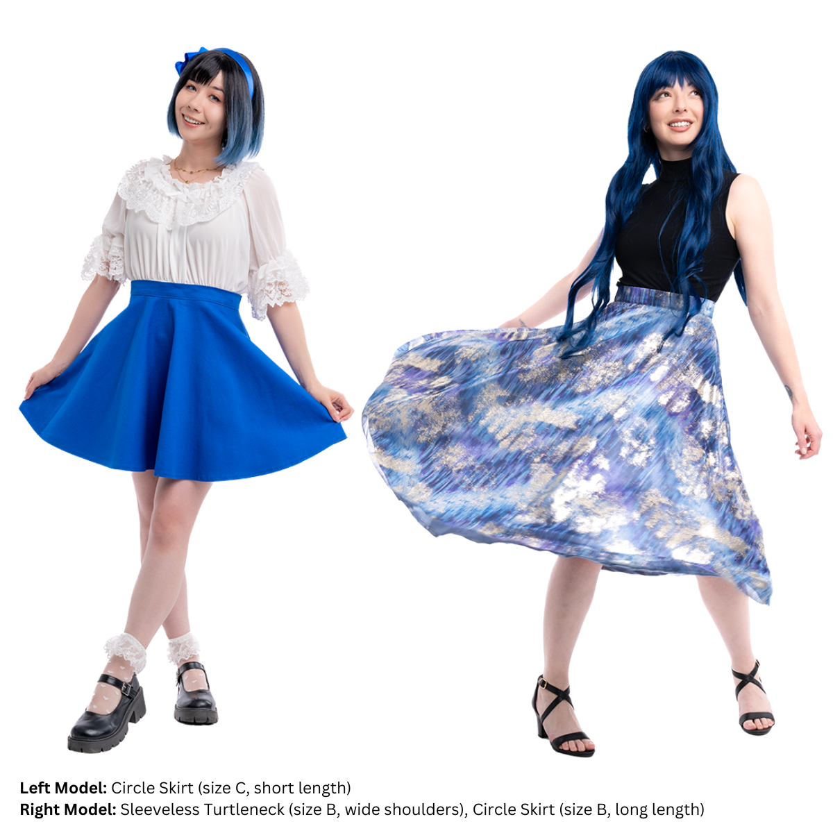 Two female size C models posing while wearing the Circle Skirt in both the short and long lengths. The model on the left (short Circle Skirt) is holding the ends of the skirt away from her body. The model on the right (long Circle Skirt) is tossing the skirt to the side.