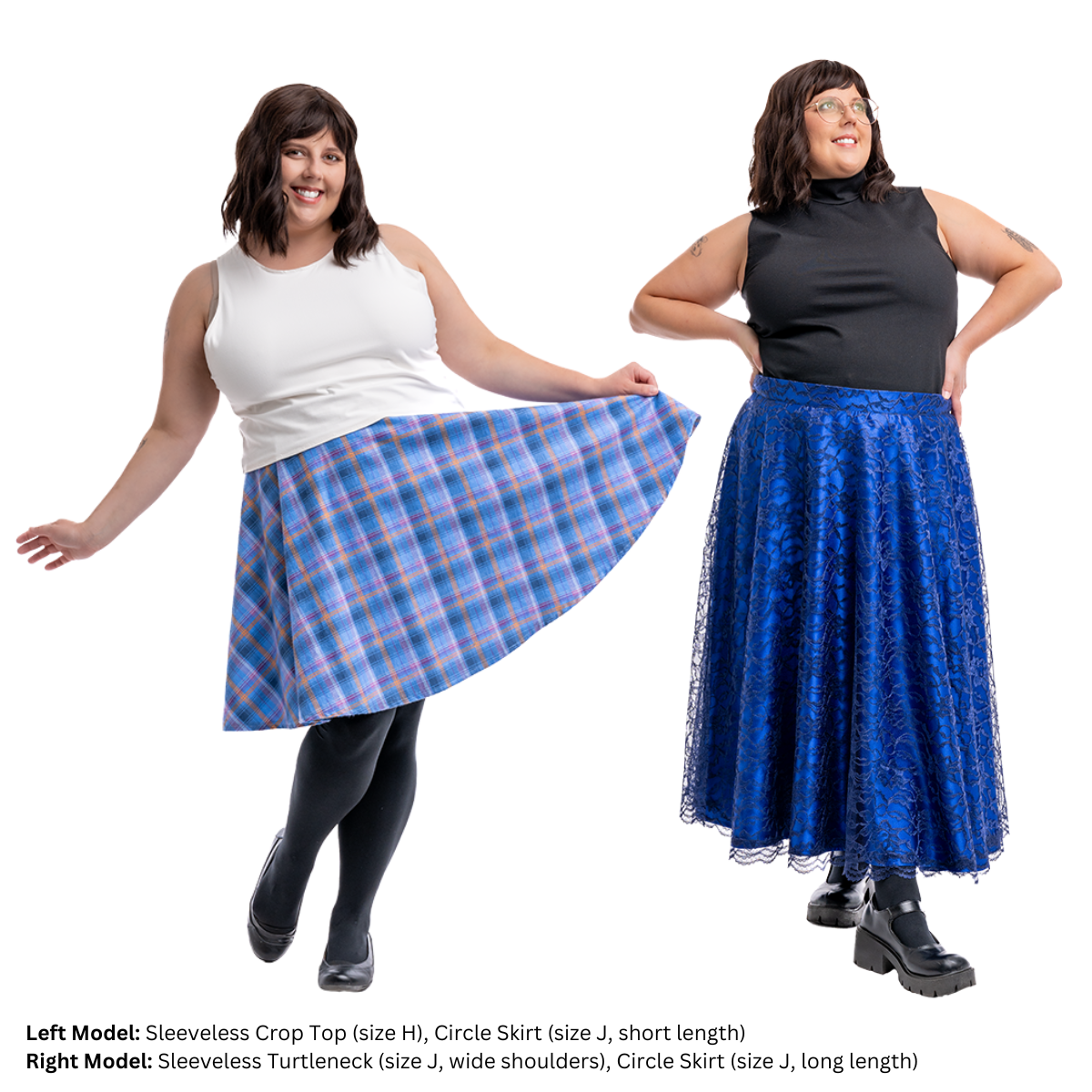 Plus size model (size J) wearing both the short and long versions of the Circle Skirt and posing.