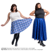 Plus size model (size J) wearing both the short and long versions of the Circle Skirt and posing.