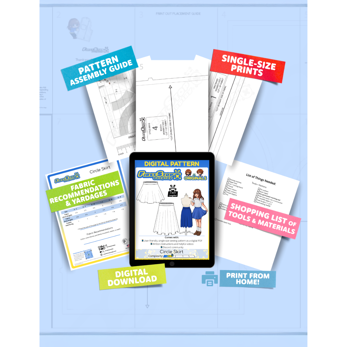 Contents of the digital Circle Skirt sewing pattern with the product art on a tablet screen, referencing the downloadable format of the pattern. Text boxes highlight features corresponding to those included in the product, such as pattern assembly guide, single-size prints, ability to print from home, shopping lists of tools and materials, and fabric recommendations.