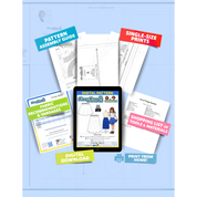 Contents of the digital Circle Skirt sewing pattern with the product art on a tablet screen, referencing the downloadable format of the pattern. Text boxes highlight features corresponding to those included in the product, such as pattern assembly guide, single-size prints, ability to print from home, shopping lists of tools and materials, and fabric recommendations.