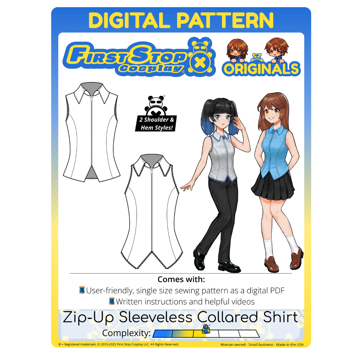 FSCO® DIGITAL Customizable Zip-Up Sleeveless Collared Shirt Sewing Pattern