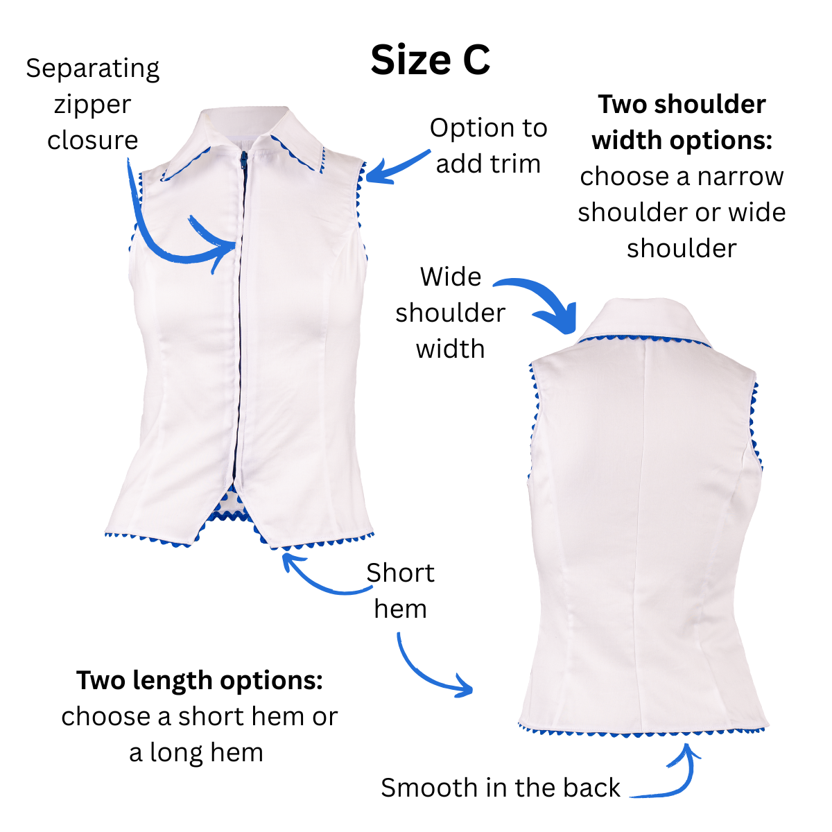 FSCO® DIGITAL Customizable Zip-Up Sleeveless Collared Shirt Sewing Pattern