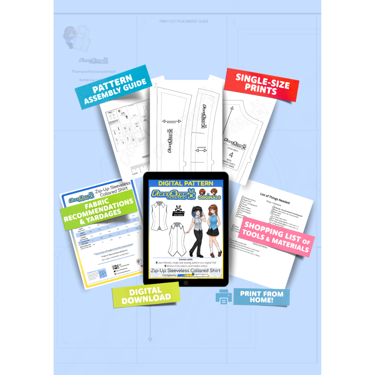 FSCO® DIGITAL Customizable Zip-Up Sleeveless Collared Shirt Sewing Pattern