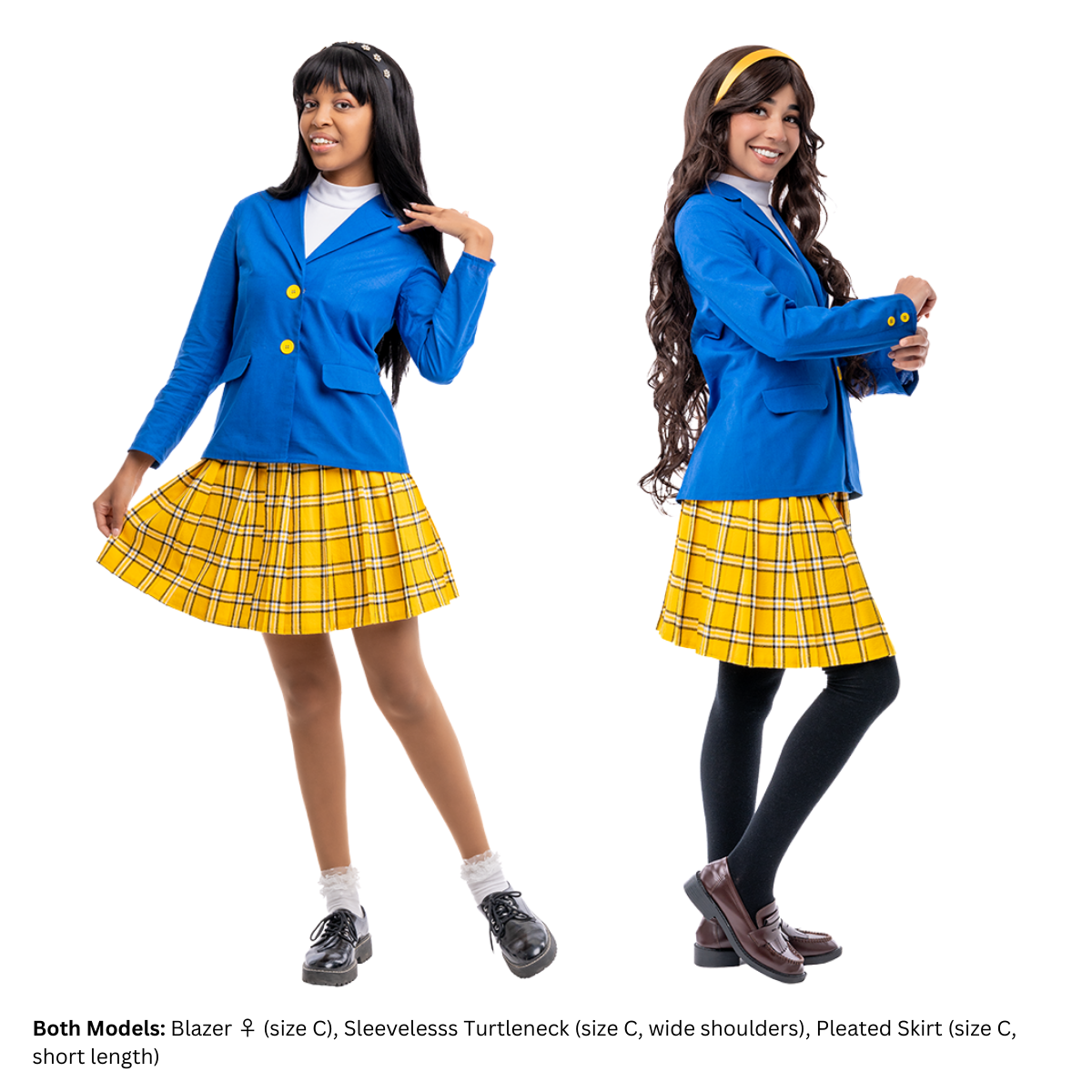 Female models (size C) in Blazers and pleated skirts. The model on the left is pointing at the collar, and the model on the write is holding the cuff of her sleeve, displaying the decorative cuff buttons.