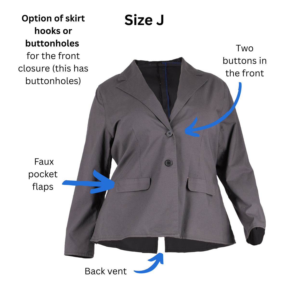 Size J women's Blazer with text and arrows pointing out the buttons in the front, faux pocket flaps, and back vent.
