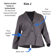 Size J women's Blazer with text and arrows pointing out the buttons in the front, faux pocket flaps, and back vent.
