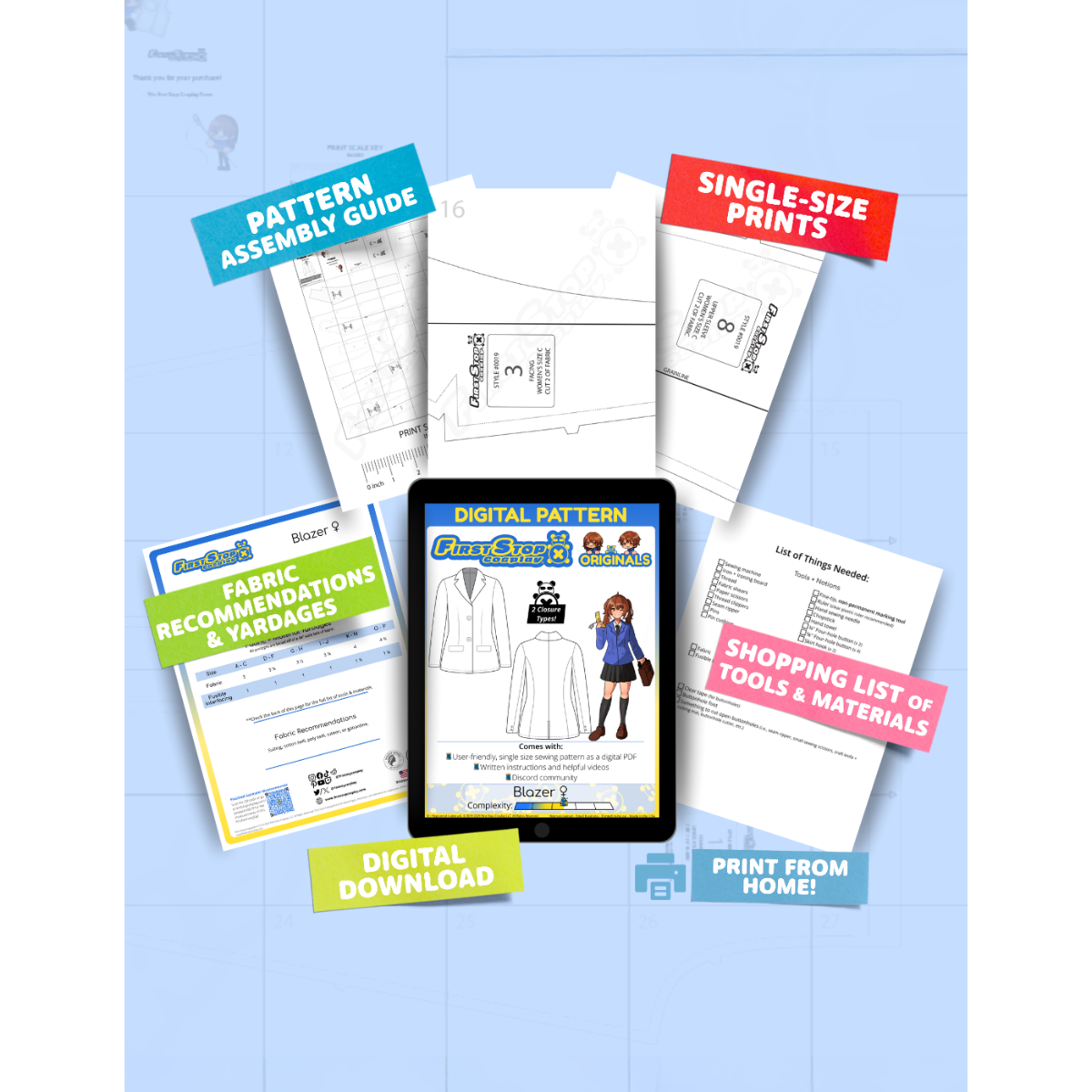 Contents of the digital Blazer (women's) sewing pattern with the product art on a tablet screen, referencing the downloadable format of the pattern. Text boxes highlight features corresponding to those included in the product, such as pattern assembly guide, single-size prints, ability to print from home, shopping lists of tools and materials, and fabric recommendations.
