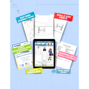 Contents of the digital Blazer (women's) sewing pattern with the product art on a tablet screen, referencing the downloadable format of the pattern. Text boxes highlight features corresponding to those included in the product, such as pattern assembly guide, single-size prints, ability to print from home, shopping lists of tools and materials, and fabric recommendations.