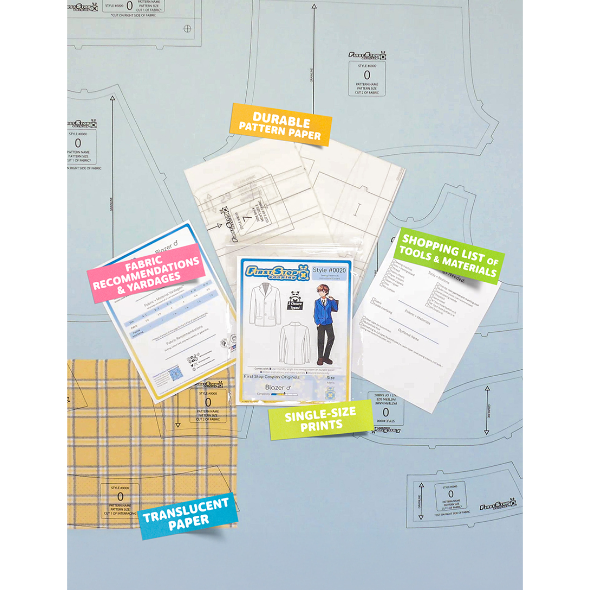Contents of the Blazer (men's) sewing pattern and packaging. Text boxes highlight features corresponding to those included in the product, such as durable translucent paper, single-size prints, a shopping list of tools and materials, and fabric recommendations.